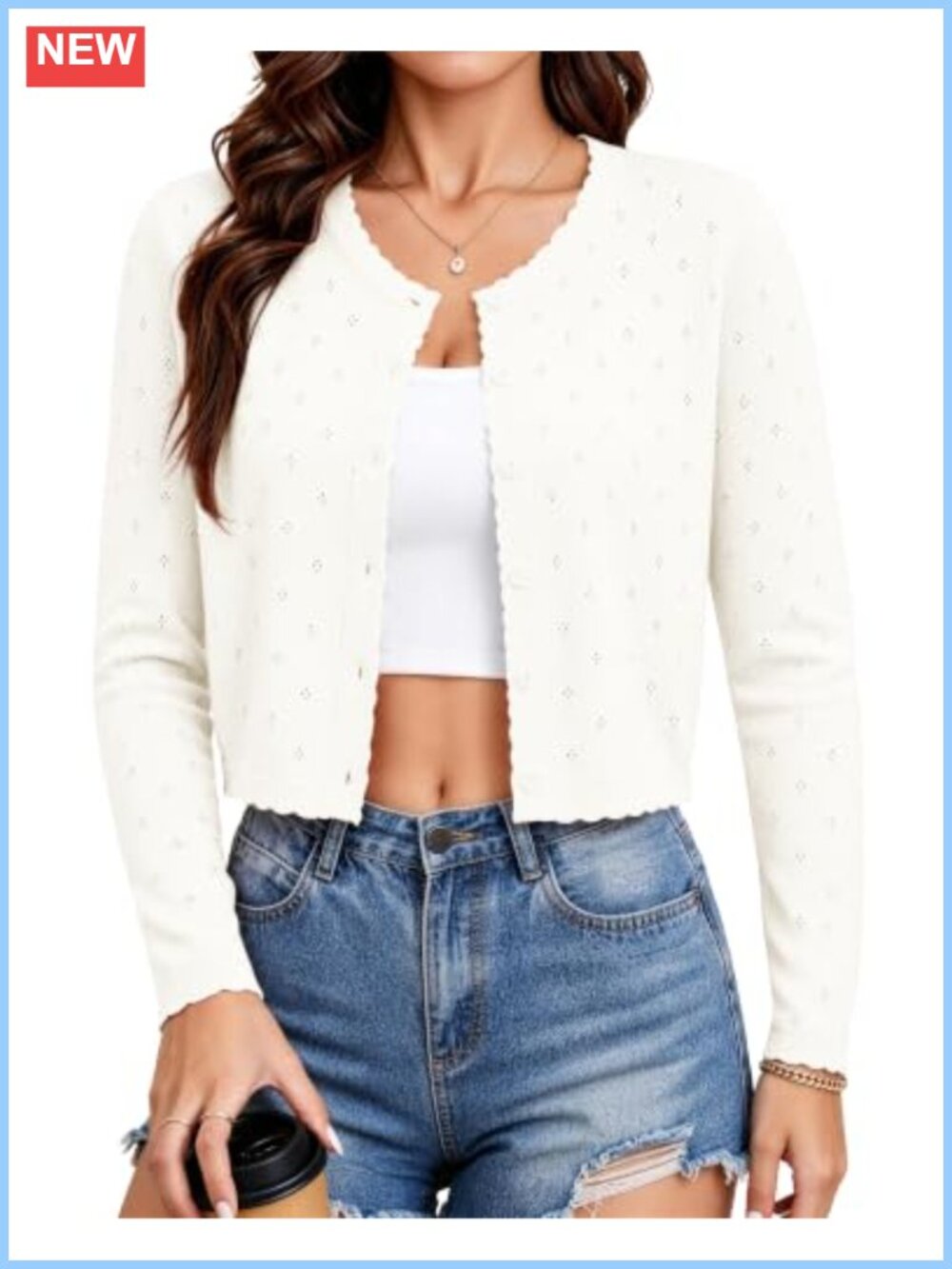 Lightweight Button Down Cardigan Sweater Pointelle Knit Cropped Shrug